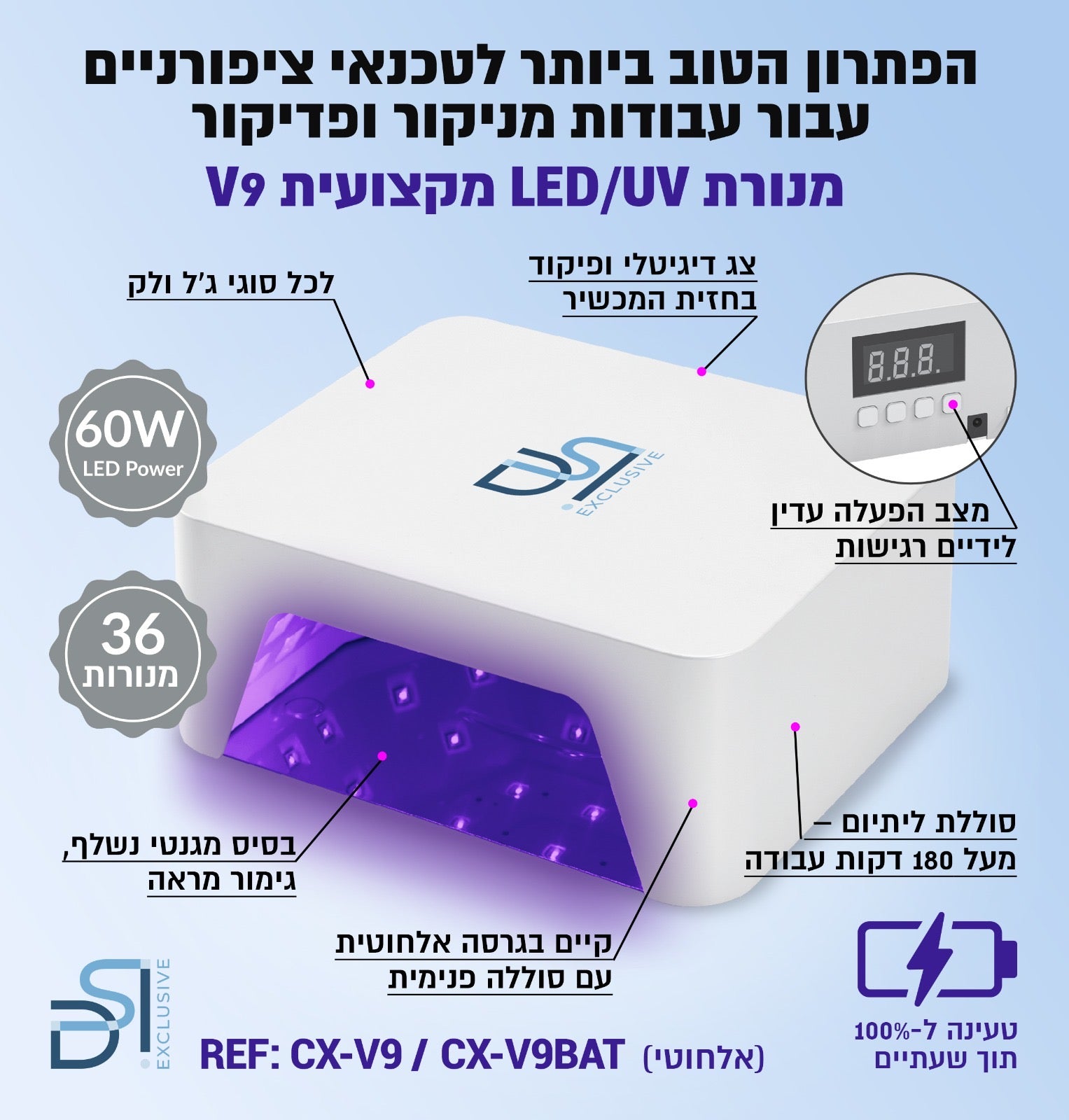 מנורת ייבוש LED/UV מקצועית אלחוטית