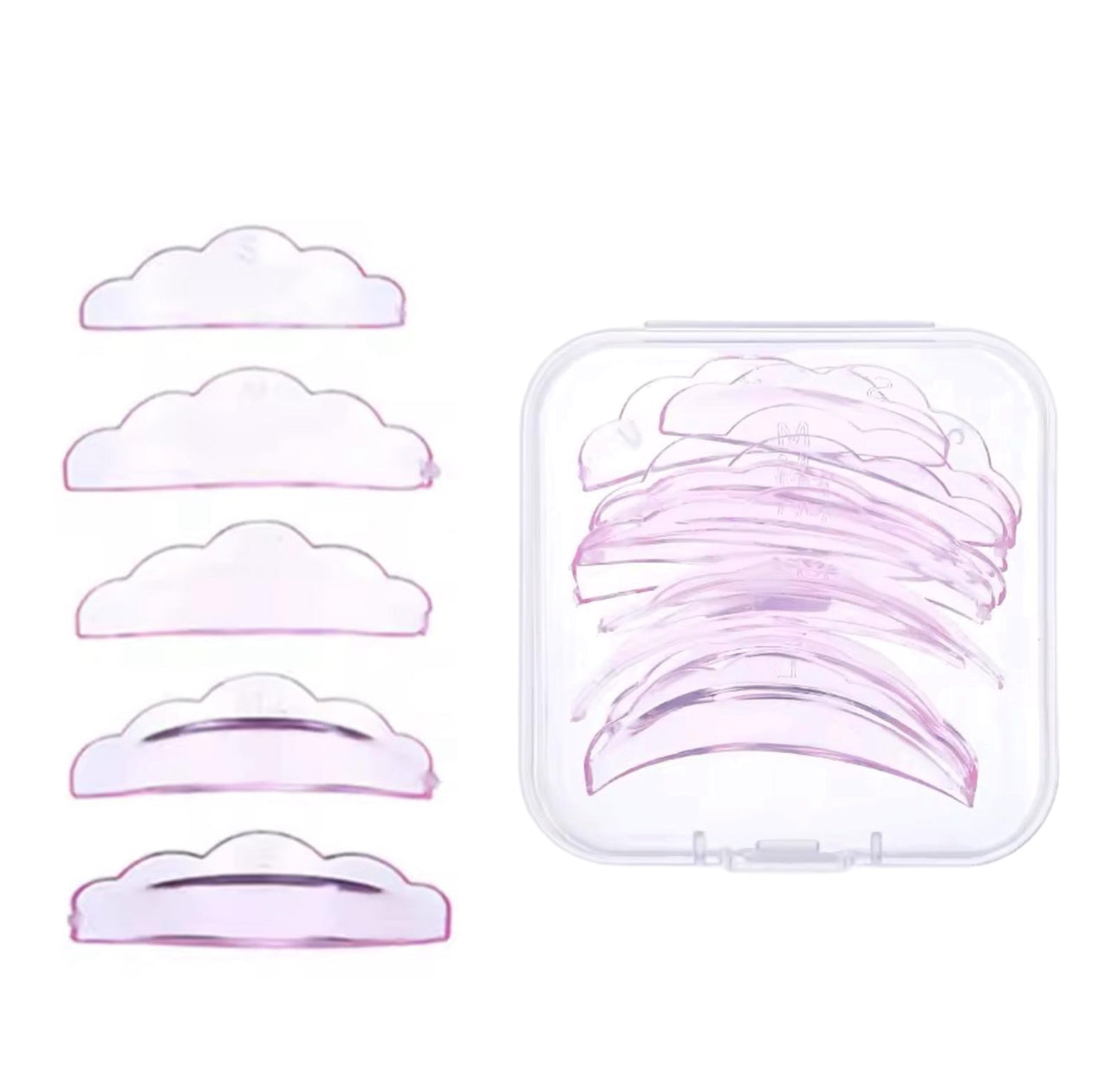 שתלי סיליקון להרמת ריסים 5 גדלים (ורוד שקוף)